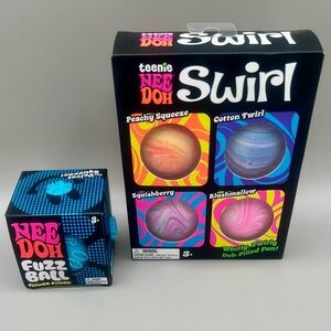 💙NeeDoh BLUE/MULTiCOLORED Combo~ FLOWER POWER Fuzz Ball + TEENIE SWIRL 4 Pack